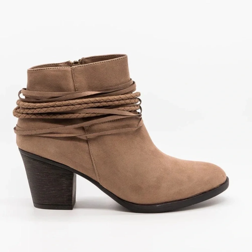 BAMBOO braided accent faux suede western heeled booties ankle boots